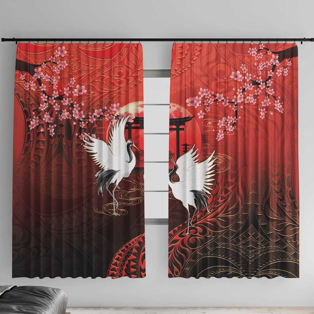 Hawaii and Japan Together Window Curtain Polynesian Art Tattoo With Cranes And Sakura - Polynesian Pride