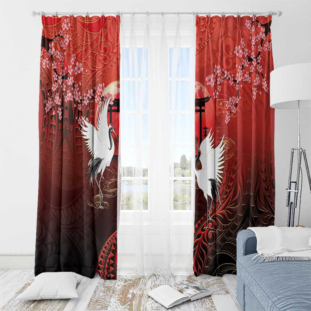 Hawaii and Japan Together Window Curtain Polynesian Art Tattoo With Cranes And Sakura - Polynesian Pride