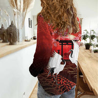 Hawaii and Japan Together Women Casual Shirt Polynesian Art Tattoo With Cranes And Sakura - Polynesian Pride