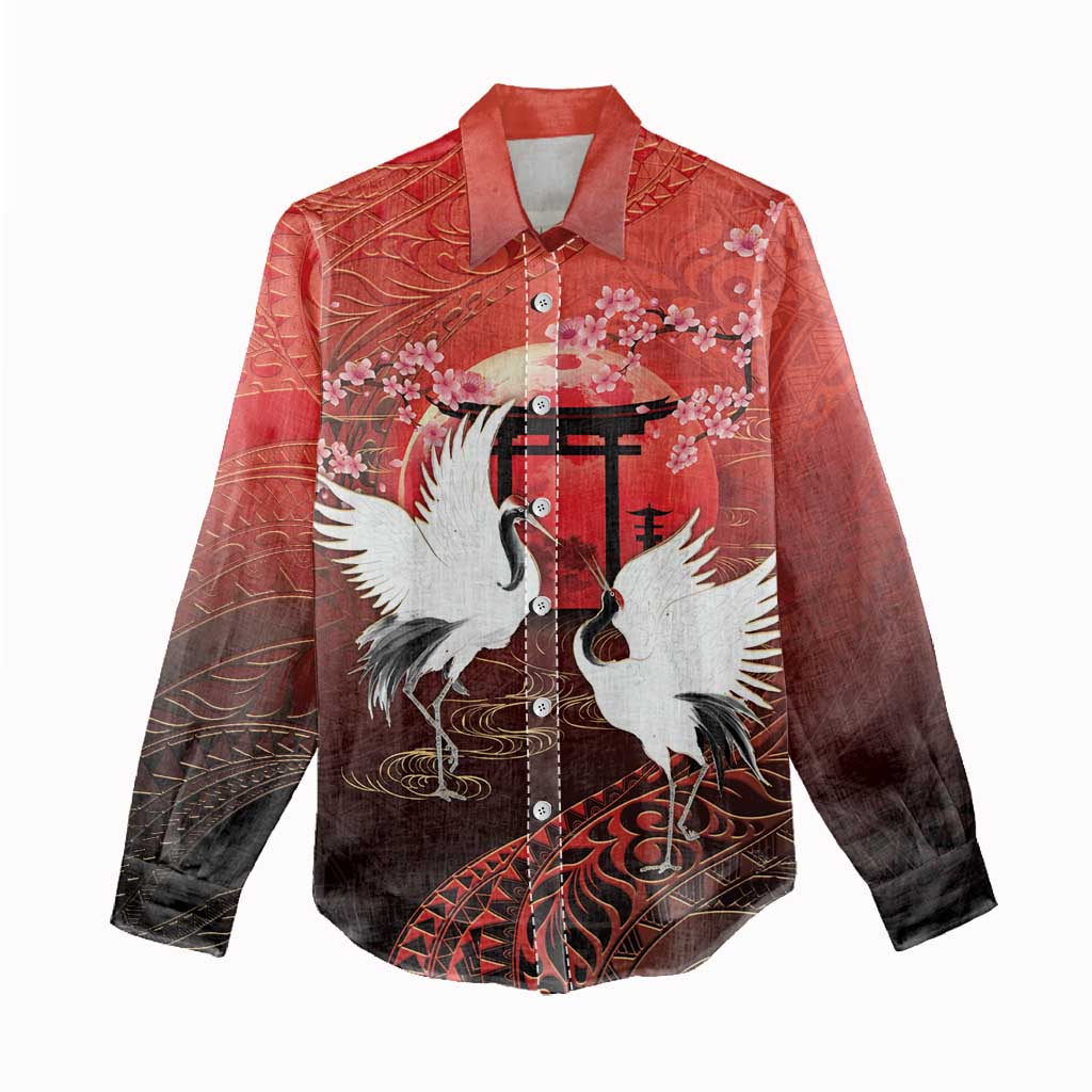 Hawaii and Japan Together Women Casual Shirt Polynesian Art Tattoo With Cranes And Sakura - Polynesian Pride