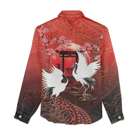 Hawaii and Japan Together Women Casual Shirt Polynesian Art Tattoo With Cranes And Sakura - Polynesian Pride