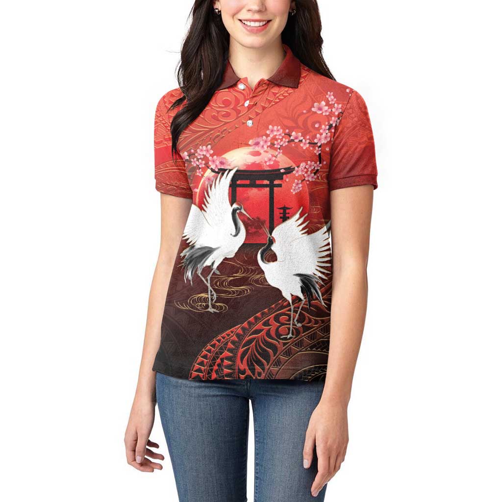 Hawaii and Japan Together Women Polo Shirt Polynesian Art Tattoo With Cranes And Sakura - Polynesian Pride