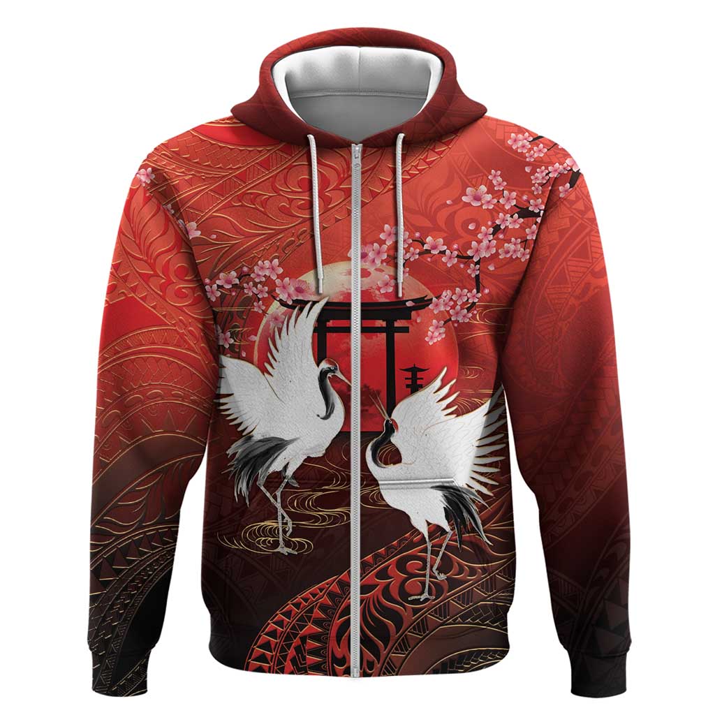 Hawaii and Japan Together Zip Hoodie Polynesian Art Tattoo With Cranes And Sakura LT05 Zip Hoodie Red - Polynesian Pride