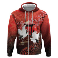 Hawaii and Japan Together Zip Hoodie Polynesian Art Tattoo With Cranes And Sakura LT05 Zip Hoodie Red - Polynesian Pride