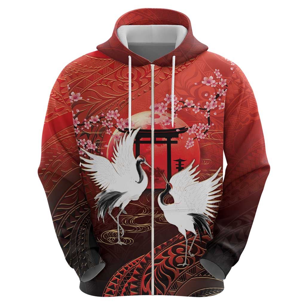 Hawaii and Japan Together Zip Hoodie Polynesian Art Tattoo With Cranes And Sakura LT05 - Polynesian Pride