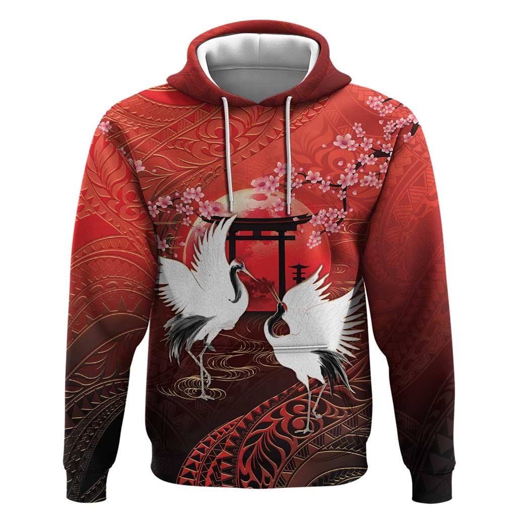 Hawaii and Japan Together Zip Hoodie Polynesian Art Tattoo With Cranes And Sakura LT05 Pullover Hoodie Red - Polynesian Pride