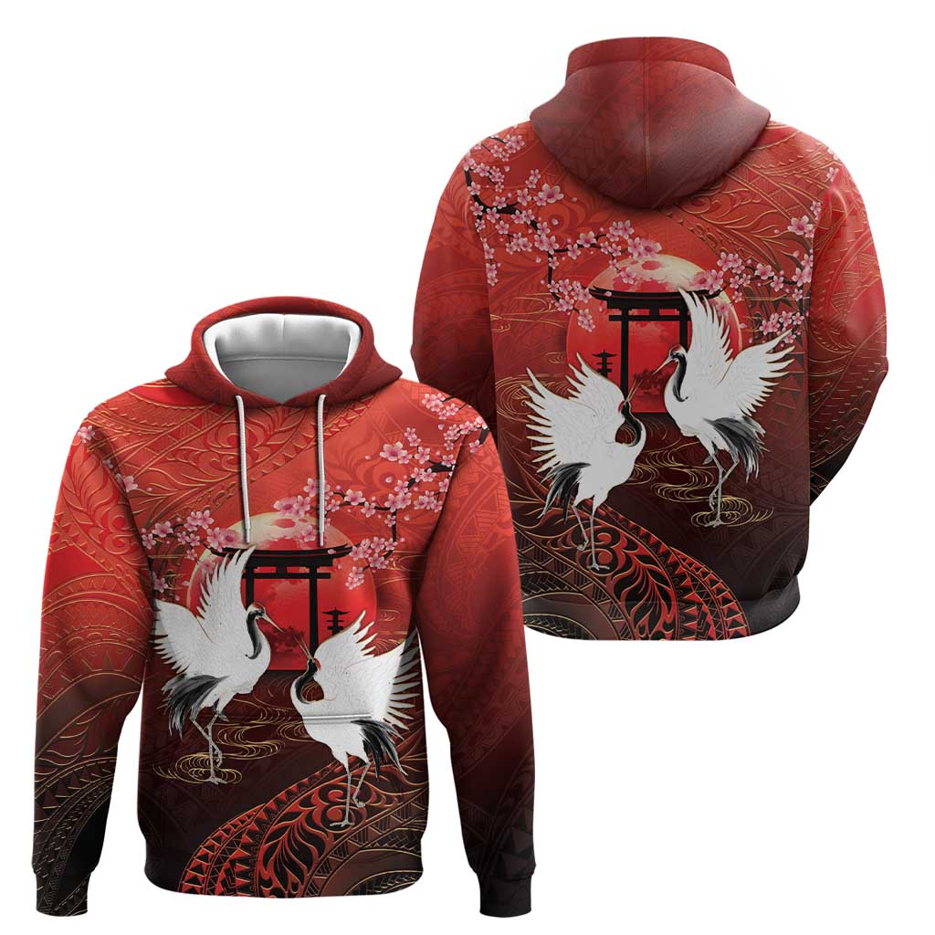 Hawaii and Japan Together Zip Hoodie Polynesian Art Tattoo With Cranes And Sakura LT05 - Polynesian Pride