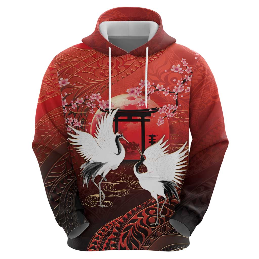 Hawaii and Japan Together Zip Hoodie Polynesian Art Tattoo With Cranes And Sakura LT05 - Polynesian Pride
