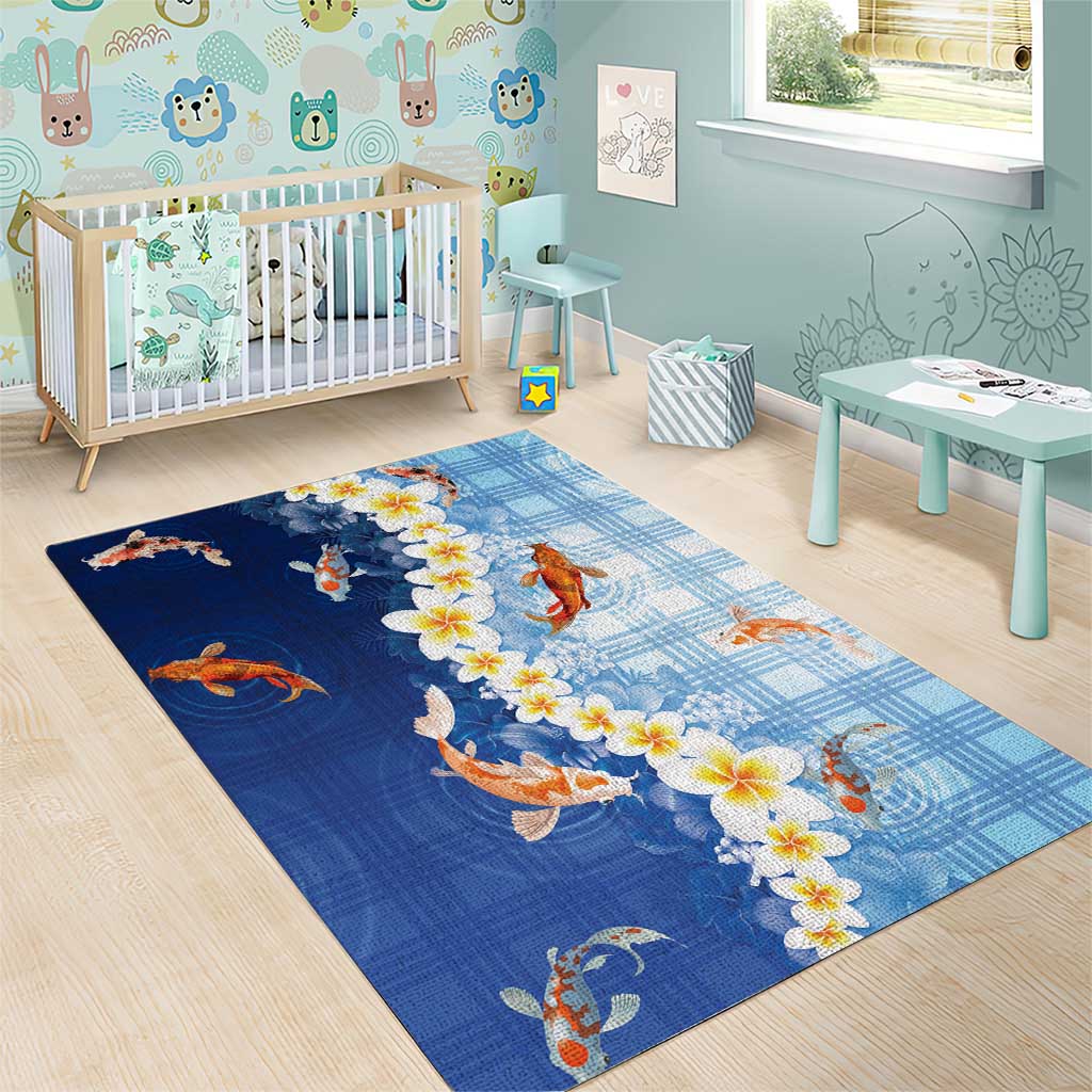 Hawaii And Japan Area Rug Plumeria Lei With Koi Fish Blue - Polynesian Pride