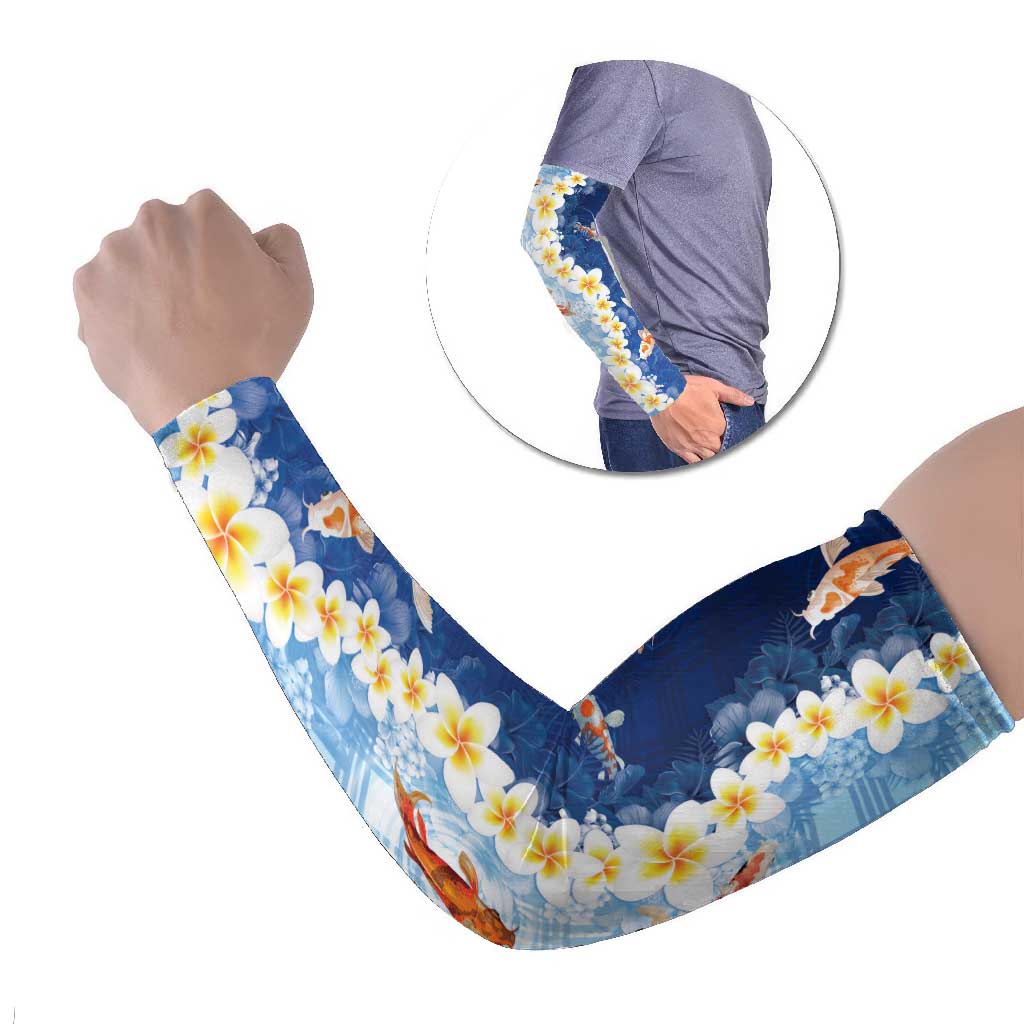 Hawaii And Japan Arm Sleeves Plumeria Lei With Koi Fish Blue LT05 Set of 2 Blue - Polynesian Pride