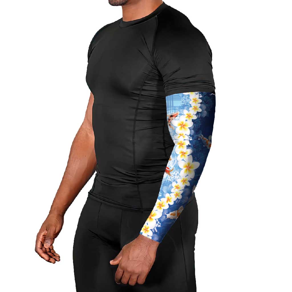 Hawaii And Japan Arm Sleeves Plumeria Lei With Koi Fish Blue LT05 - Polynesian Pride