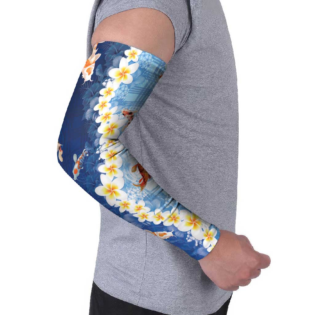 Hawaii And Japan Arm Sleeves Plumeria Lei With Koi Fish Blue LT05 - Polynesian Pride