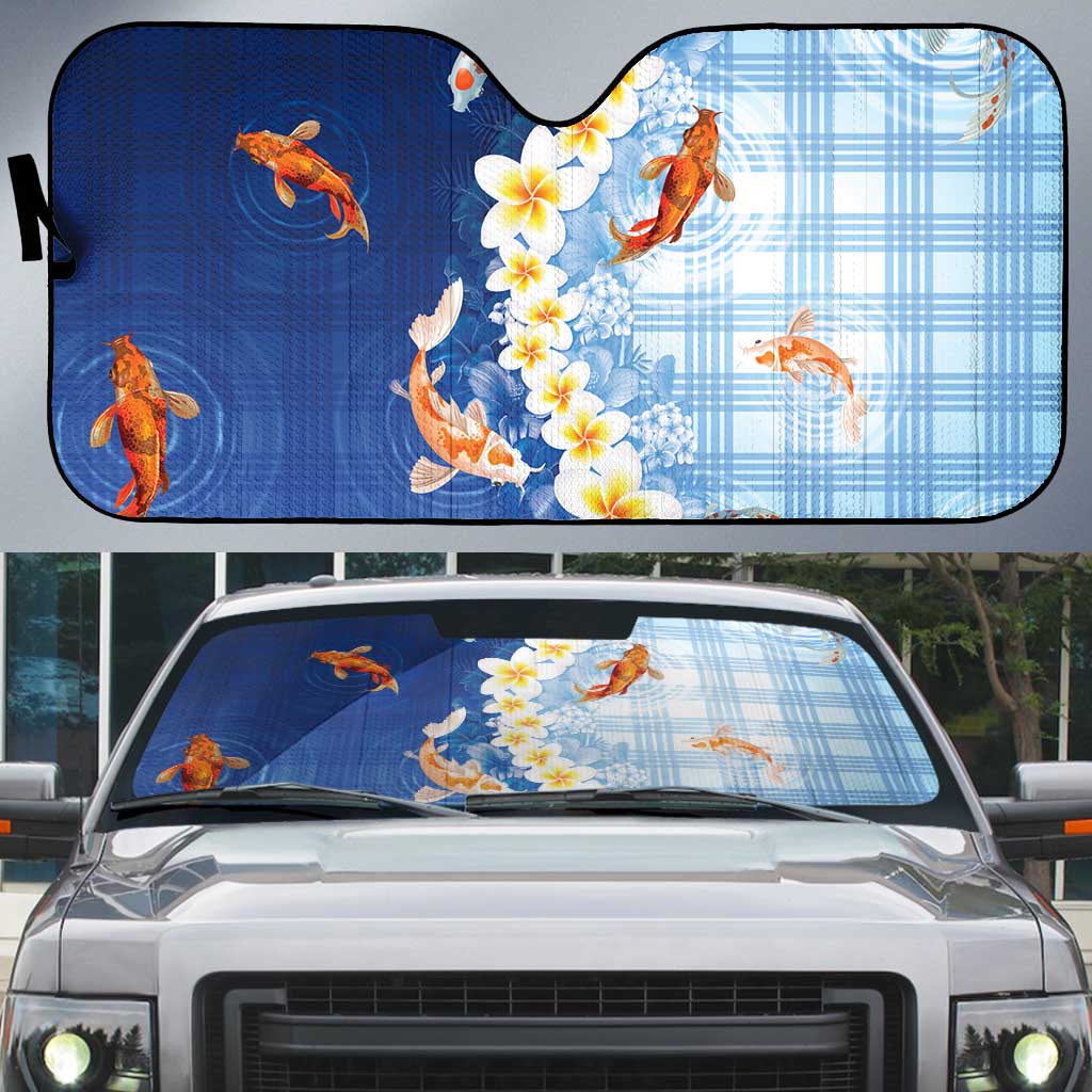 Hawaii And Japan Auto Sun Shade Plumeria Lei With Koi Fish Blue - Polynesian Pride