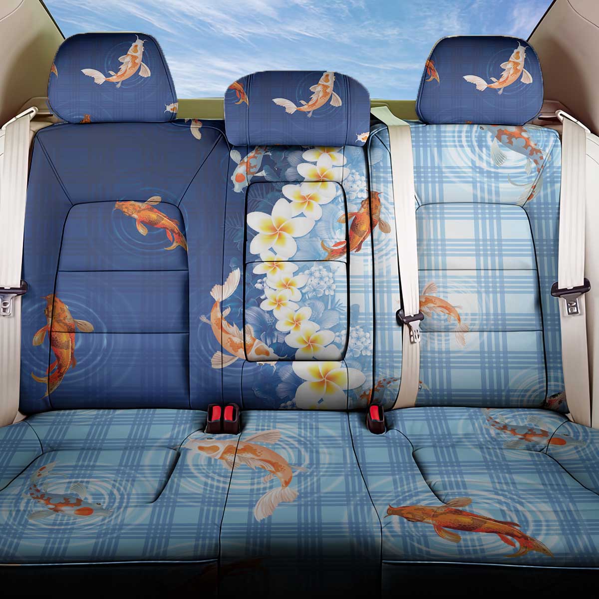 Hawaii And Japan Back Car Seat Cover Plumeria Lei With Koi Fish Blue LT05 One Size Blue - Polynesian Pride