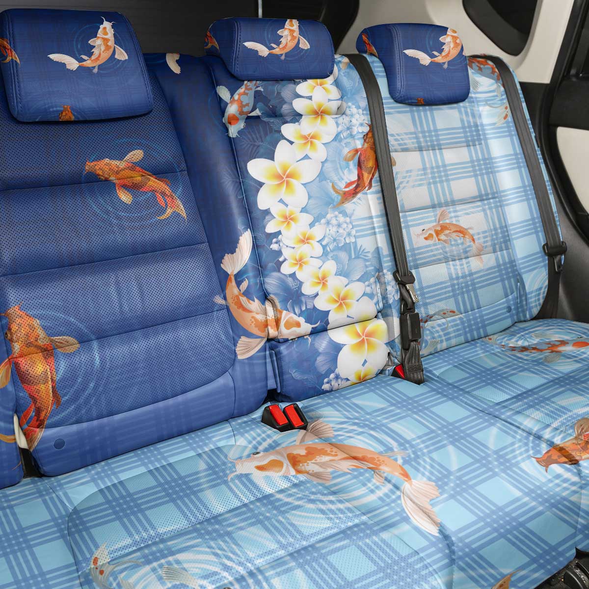 Hawaii And Japan Back Car Seat Cover Plumeria Lei With Koi Fish Blue LT05 - Polynesian Pride