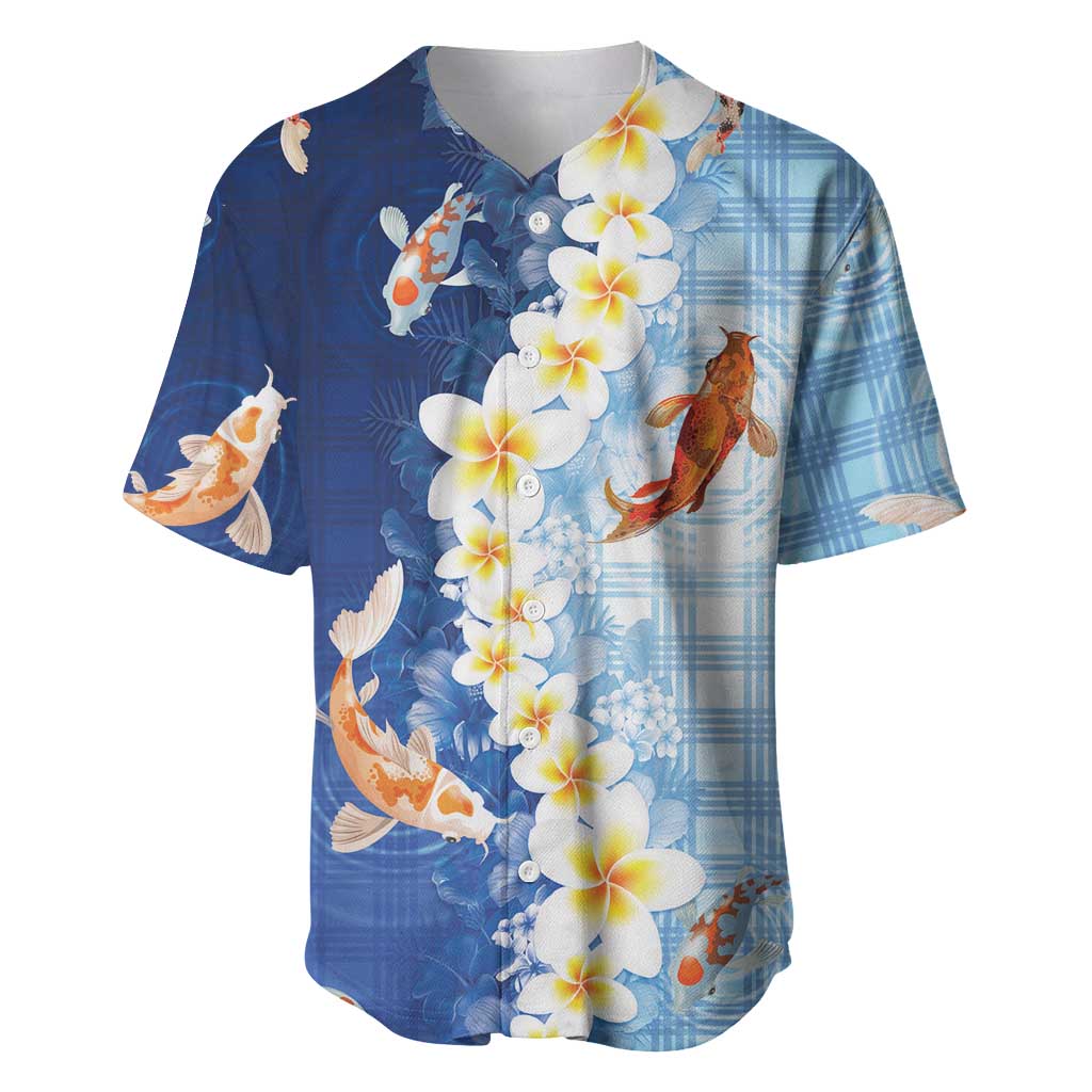 Hawaii And Japan Baseball Jersey Plumeria Lei With Koi Fish Blue LT05 Blue - Polynesian Pride