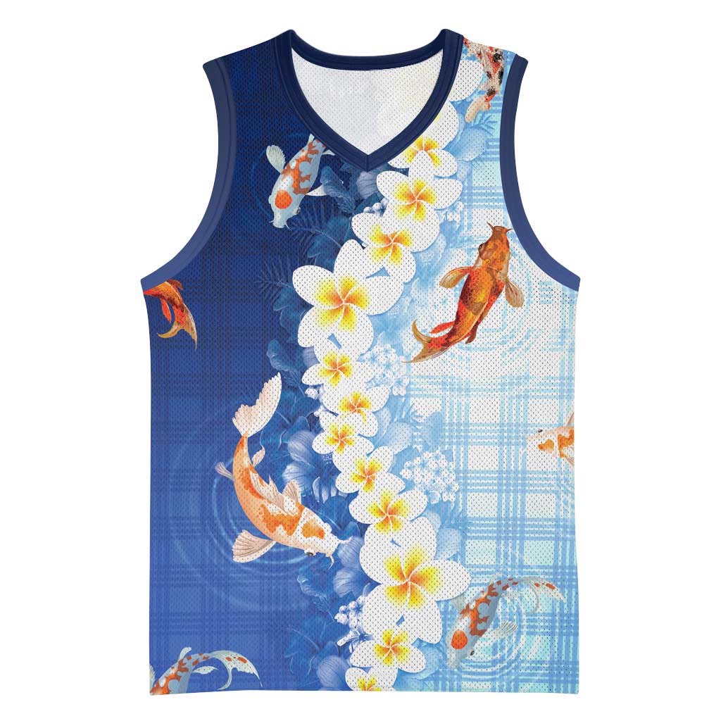 Hawaii And Japan Basketball Jersey Plumeria Lei With Koi Fish Blue LT05 Unisex Blue - Polynesian Pride