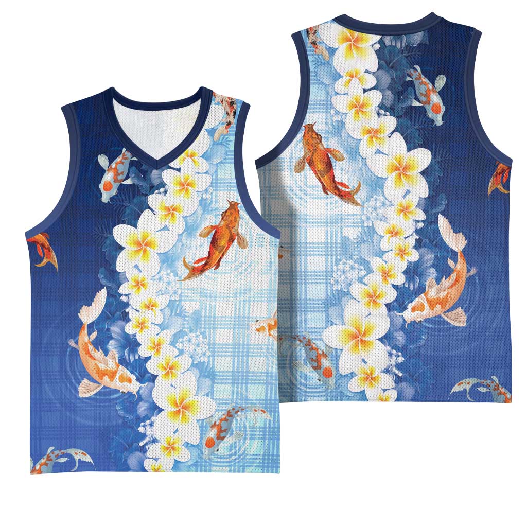 Hawaii And Japan Basketball Jersey Plumeria Lei With Koi Fish Blue LT05 - Polynesian Pride