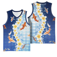 Hawaii And Japan Basketball Jersey Plumeria Lei With Koi Fish Blue LT05 - Polynesian Pride