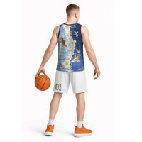 Hawaii And Japan Basketball Jersey Plumeria Lei With Koi Fish Blue LT05 - Polynesian Pride