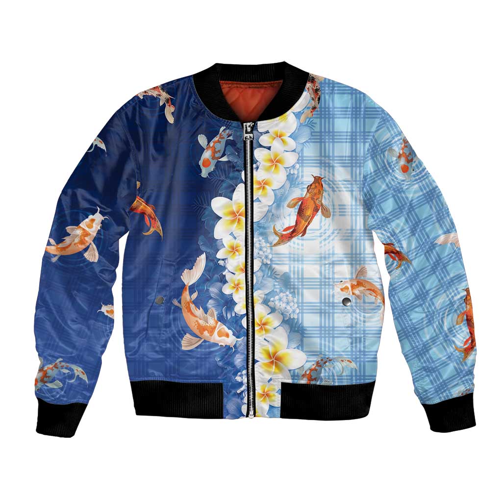 Hawaii And Japan Bomber Jacket Plumeria Lei With Koi Fish Blue LT05 Unisex Blue - Polynesian Pride