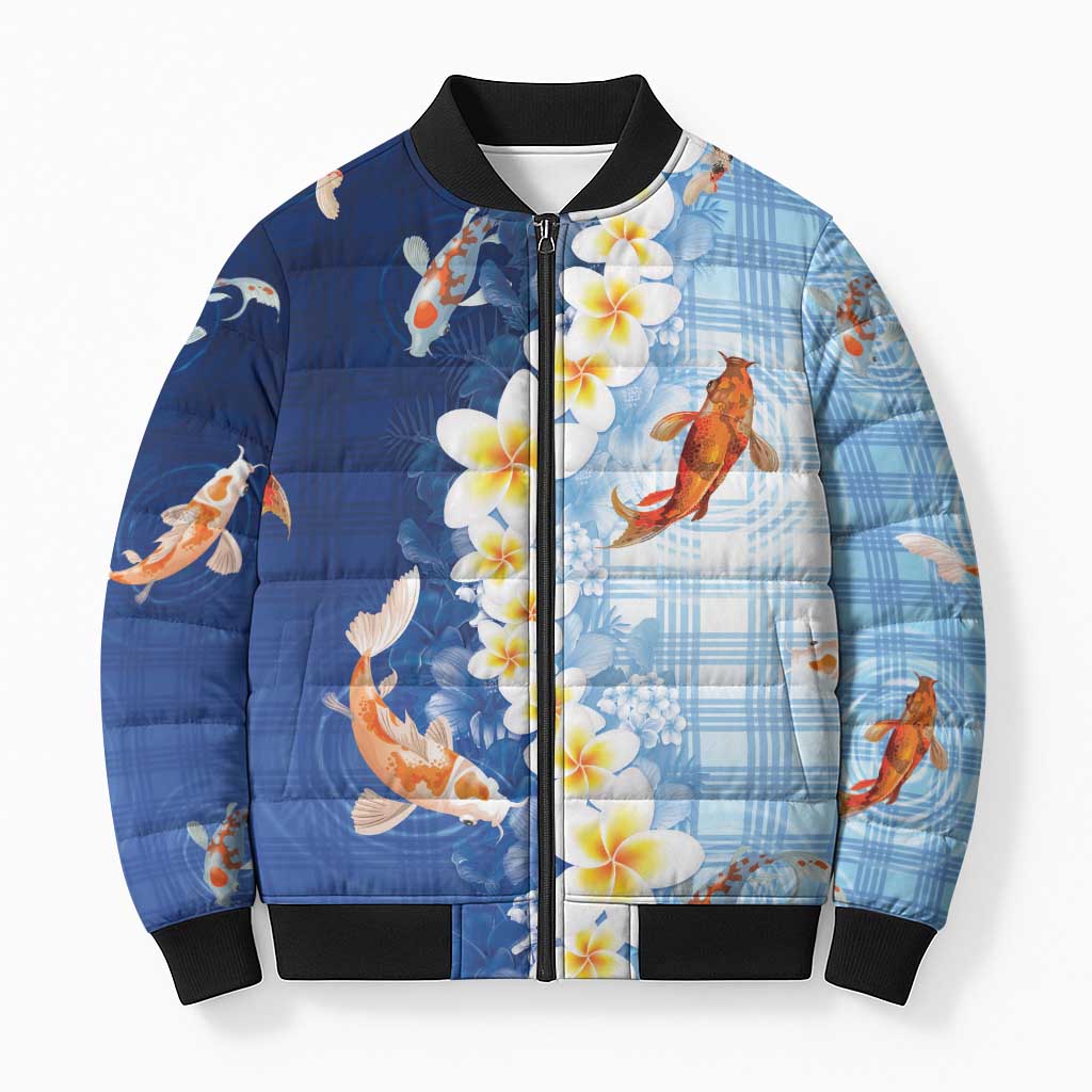 Hawaii And Japan Bomber Puffer Jacket Plumeria Lei With Koi Fish Blue LT05 Unisex Blue - Polynesian Pride