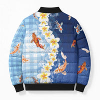 Hawaii And Japan Bomber Puffer Jacket Plumeria Lei With Koi Fish Blue LT05 - Polynesian Pride