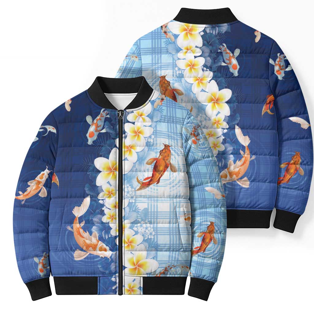 Hawaii And Japan Bomber Puffer Jacket Plumeria Lei With Koi Fish Blue LT05 - Polynesian Pride