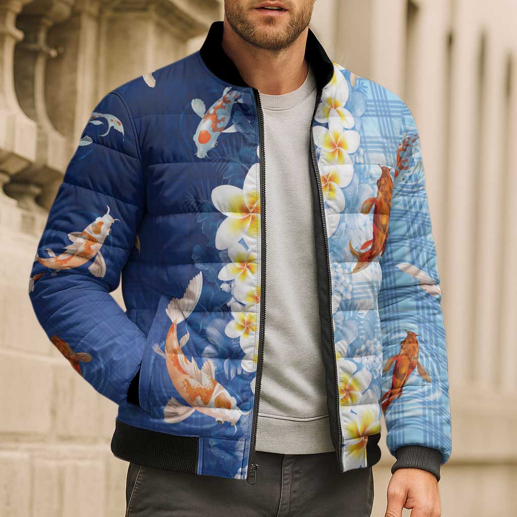 Hawaii And Japan Bomber Puffer Jacket Plumeria Lei With Koi Fish Blue LT05 - Polynesian Pride