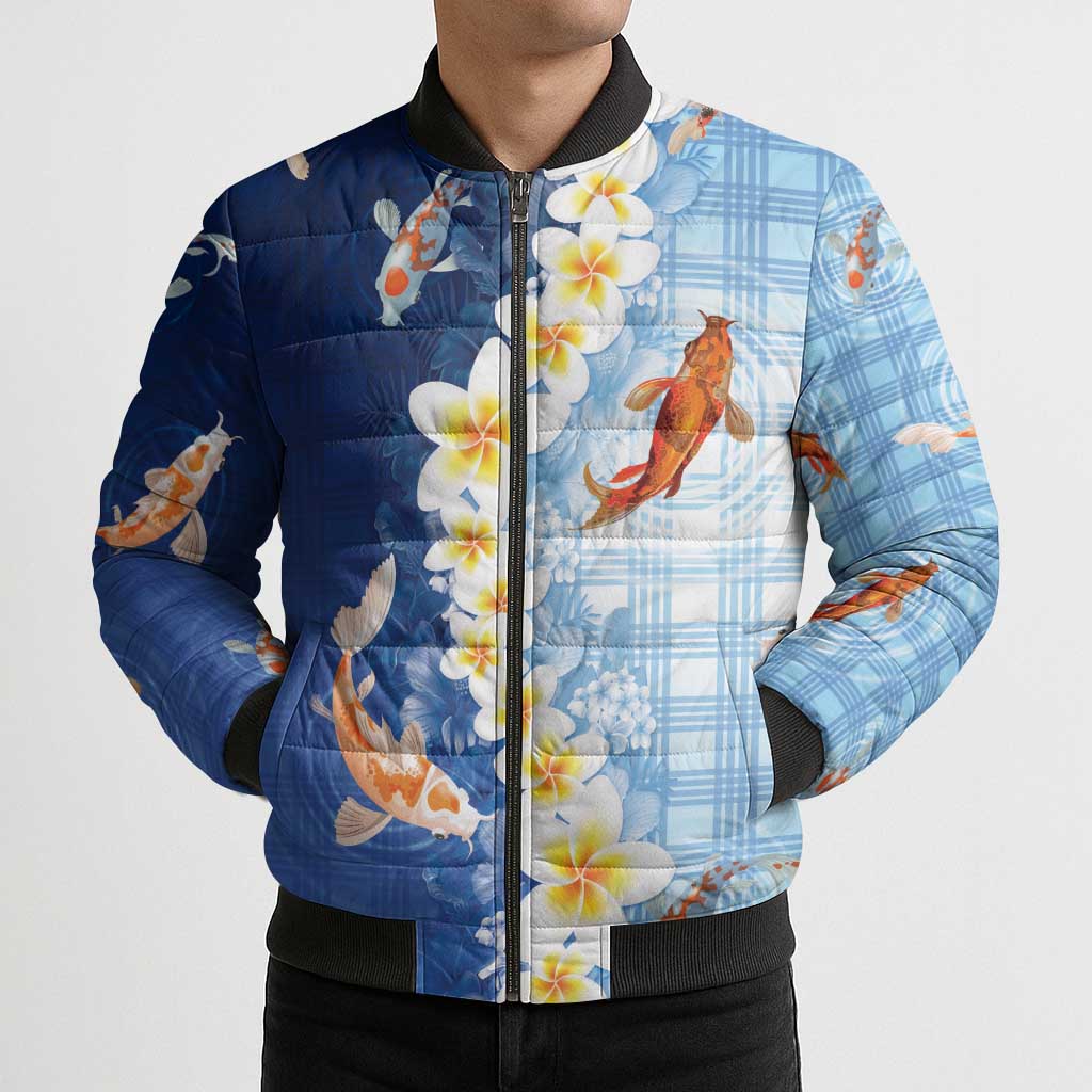 Hawaii And Japan Bomber Puffer Jacket Plumeria Lei With Koi Fish Blue LT05 - Polynesian Pride