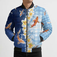 Hawaii And Japan Bomber Puffer Jacket Plumeria Lei With Koi Fish Blue LT05 - Polynesian Pride