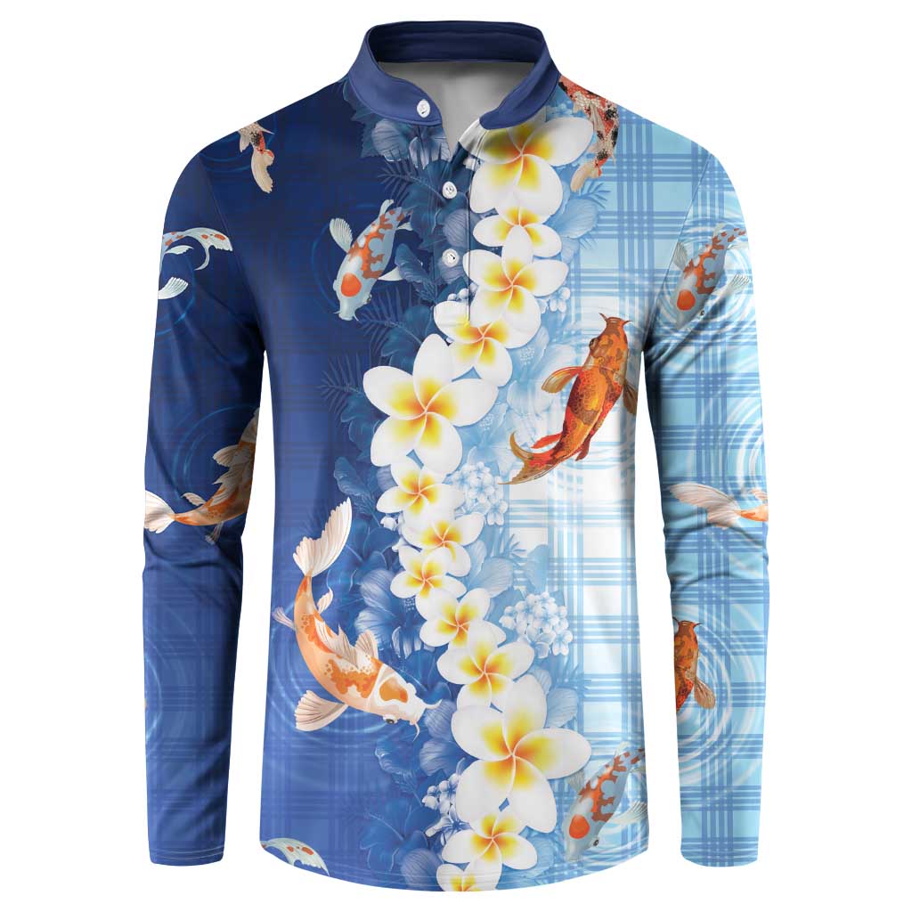 Hawaii And Japan Button Sweatshirt Plumeria Lei With Koi Fish Blue LT05 Blue - Polynesian Pride