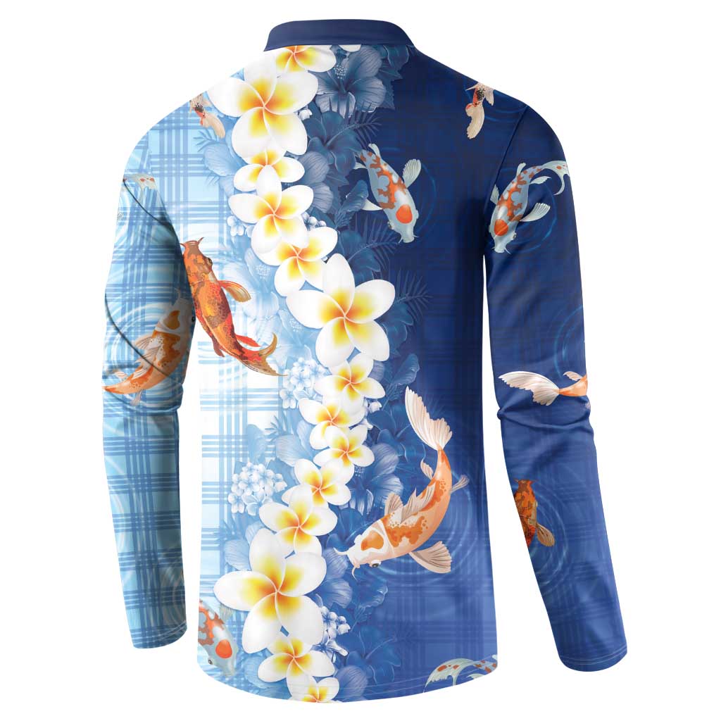 Hawaii And Japan Button Sweatshirt Plumeria Lei With Koi Fish Blue LT05 - Polynesian Pride