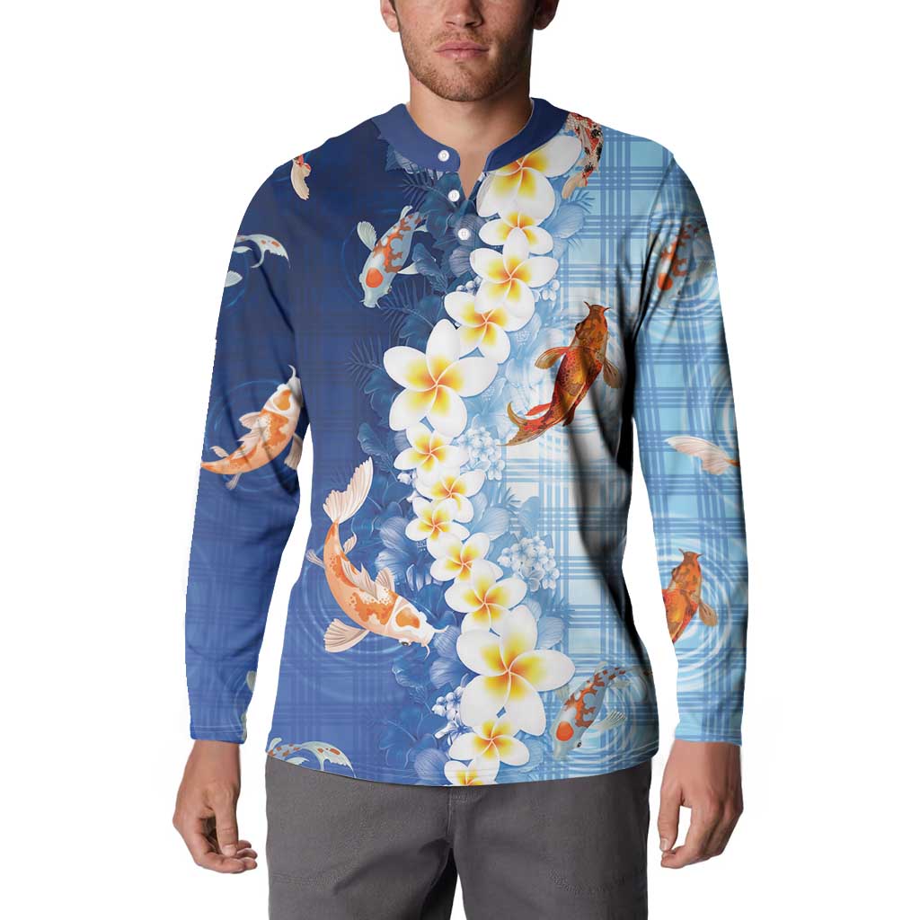 Hawaii And Japan Button Sweatshirt Plumeria Lei With Koi Fish Blue LT05 - Polynesian Pride
