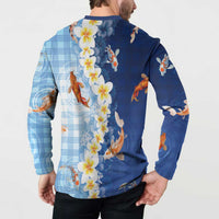 Hawaii And Japan Button Sweatshirt Plumeria Lei With Koi Fish Blue LT05 - Polynesian Pride