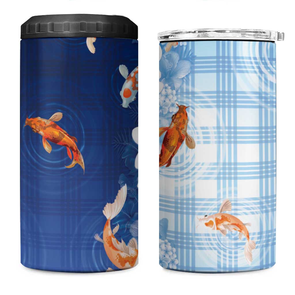 Hawaii And Japan 4 in 1 Can Cooler Tumbler Plumeria Lei With Koi Fish Blue - Polynesian Pride