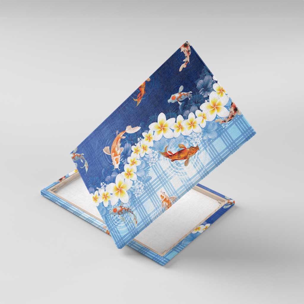 Hawaii And Japan Canvas Wall Art Plumeria Lei With Koi Fish Blue LT05 With Frame Blue - Polynesian Pride