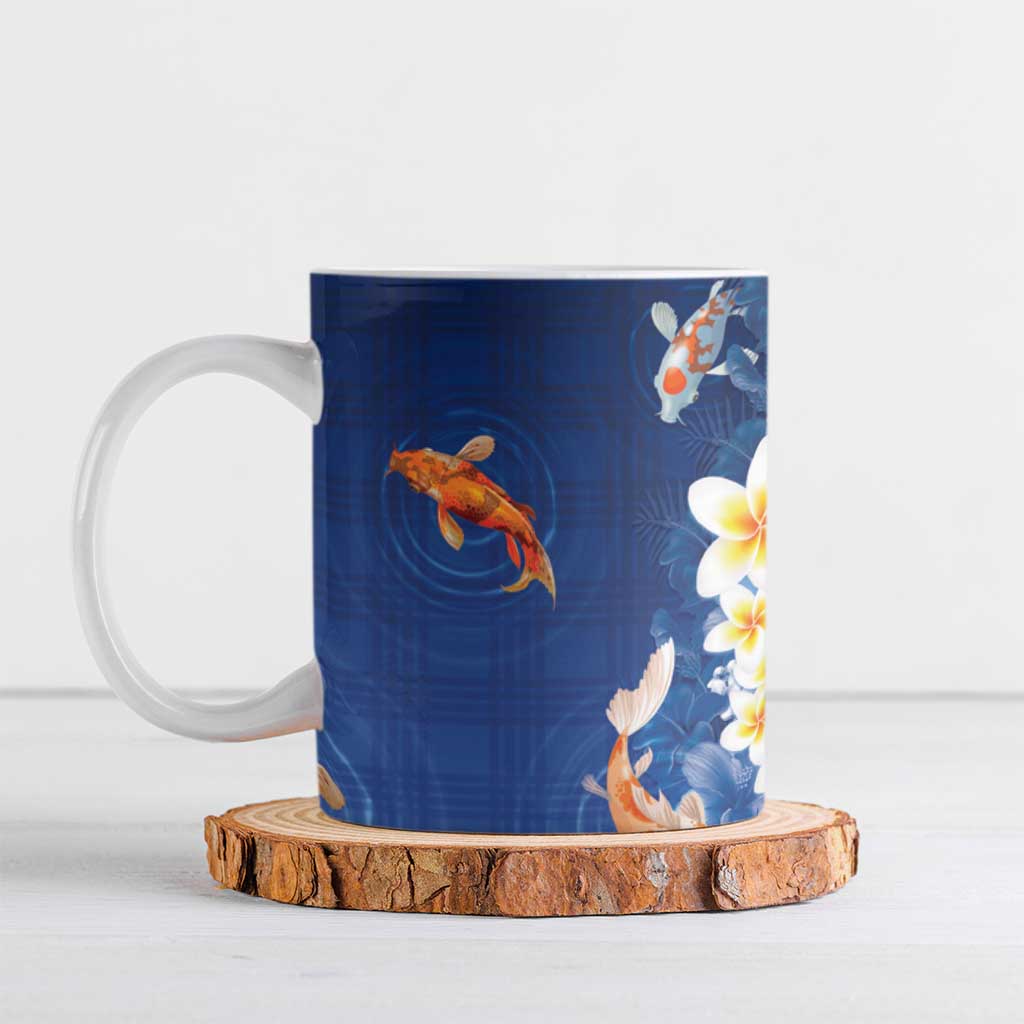 Hawaii And Japan Ceramic Mug Plumeria Lei With Koi Fish Blue LT05 Blue - Polynesian Pride
