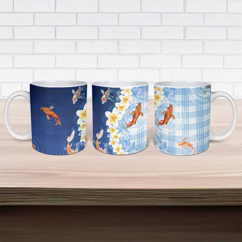 Hawaii And Japan Ceramic Mug Plumeria Lei With Koi Fish Blue LT05 - Polynesian Pride