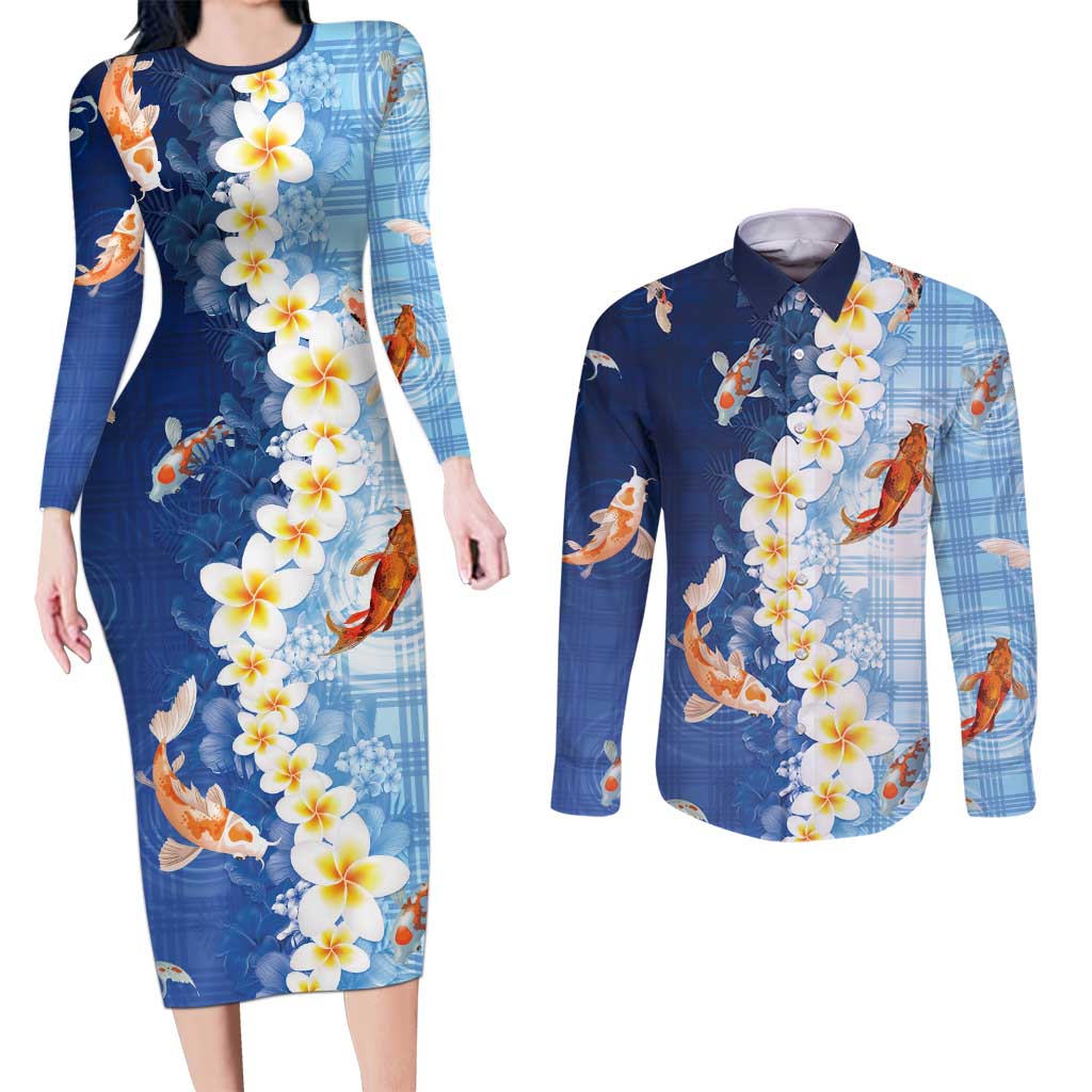 Hawaii And Japan Couples Matching Long Sleeve Bodycon Dress and Long Sleeve Button Shirt Plumeria Lei With Koi Fish Blue - Polynesian Pride