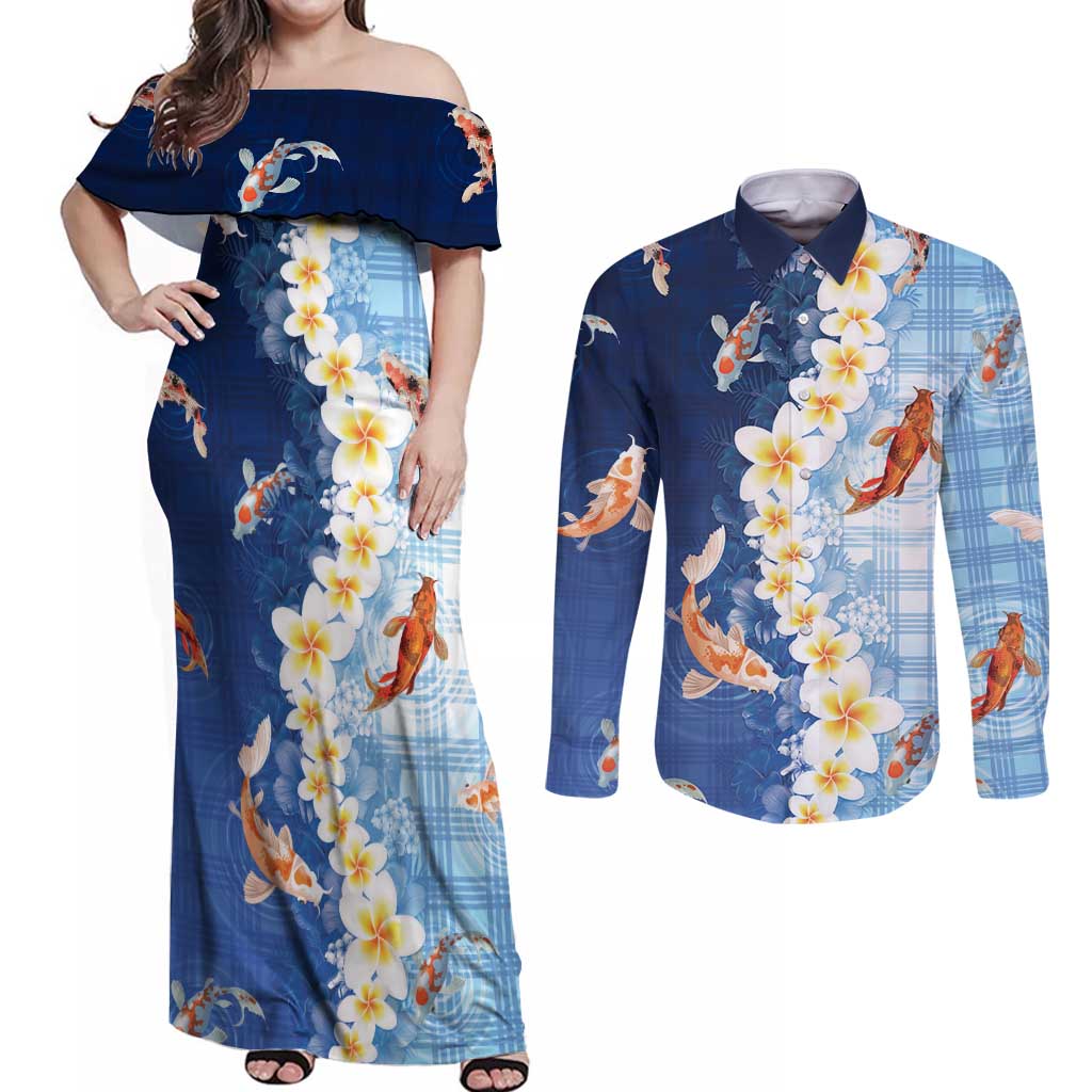 Hawaii And Japan Couples Matching Off Shoulder Maxi Dress and Long Sleeve Button Shirt Plumeria Lei With Koi Fish Blue - Polynesian Pride