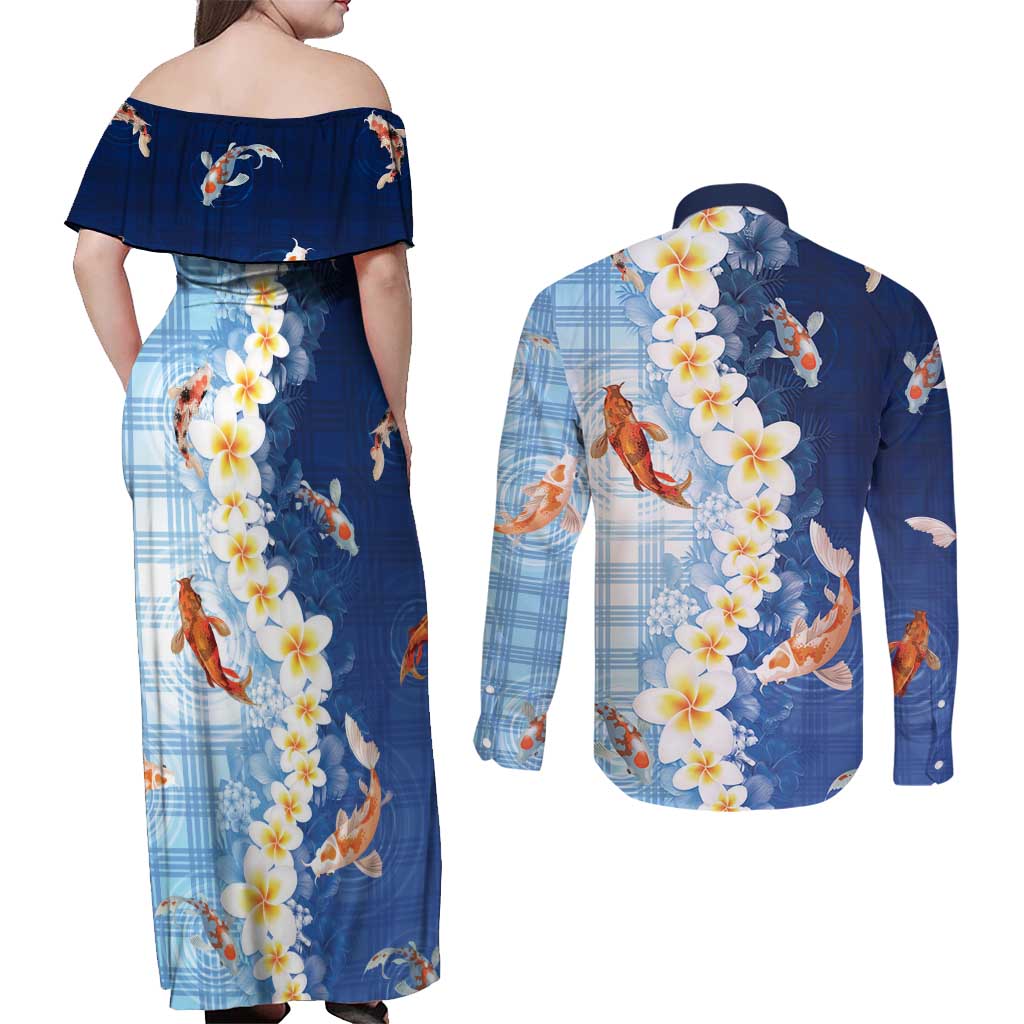 Hawaii And Japan Couples Matching Off Shoulder Maxi Dress and Long Sleeve Button Shirt Plumeria Lei With Koi Fish Blue - Polynesian Pride
