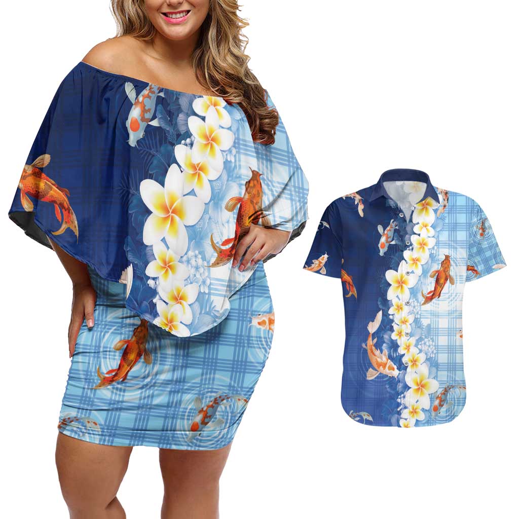 Hawaii And Japan Couples Matching Off Shoulder Short Dress and Hawaiian Shirt Plumeria Lei With Koi Fish Blue - Polynesian Pride