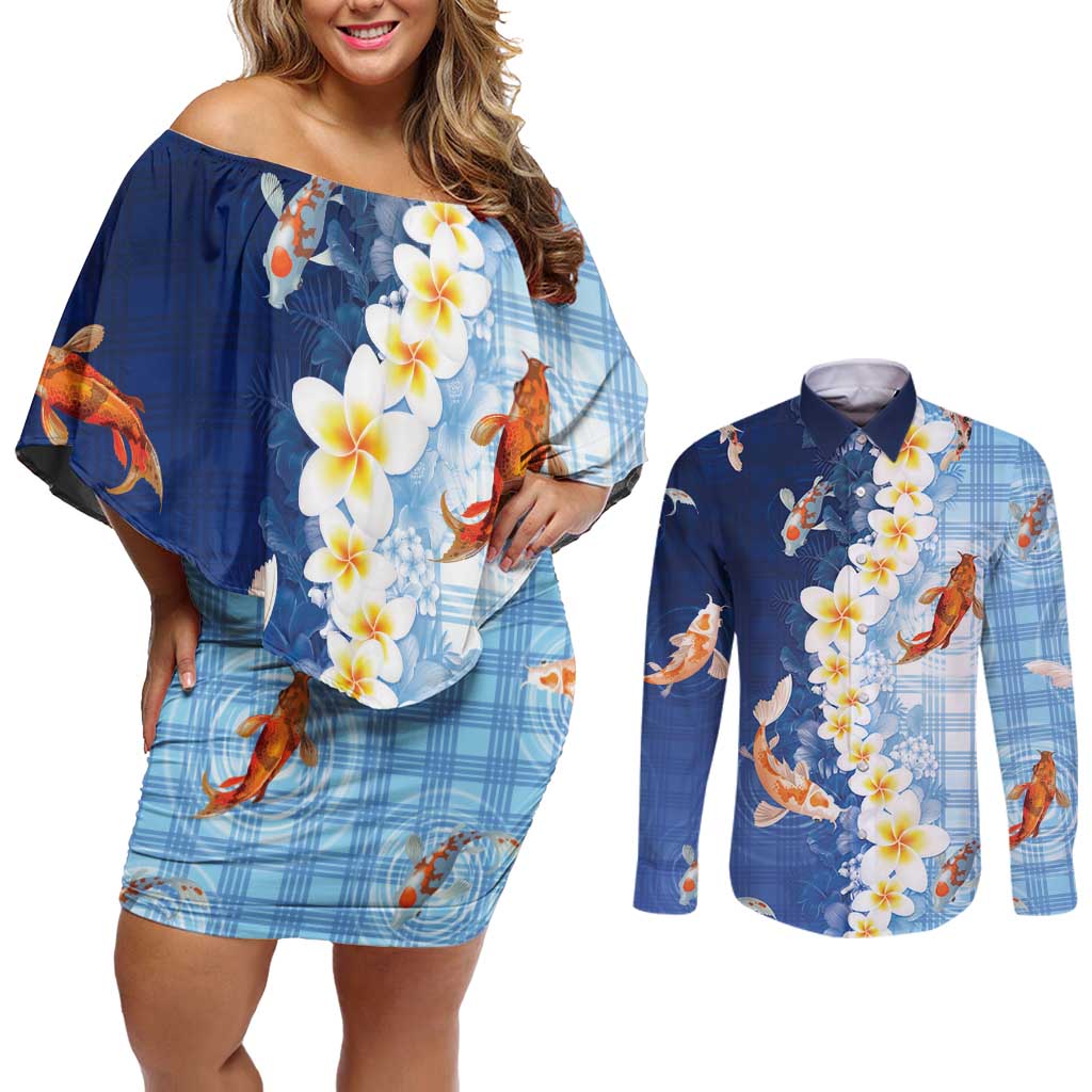 Hawaii And Japan Couples Matching Off Shoulder Short Dress and Long Sleeve Button Shirt Plumeria Lei With Koi Fish Blue - Polynesian Pride
