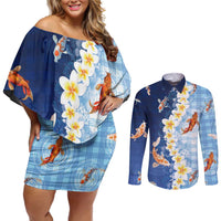 Hawaii And Japan Couples Matching Off Shoulder Short Dress and Long Sleeve Button Shirt Plumeria Lei With Koi Fish Blue - Polynesian Pride