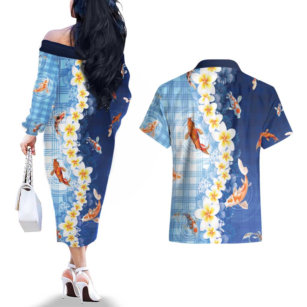 Hawaii And Japan Couples Matching Off The Shoulder Long Sleeve Dress and Hawaiian Shirt Plumeria Lei With Koi Fish Blue - Polynesian Pride