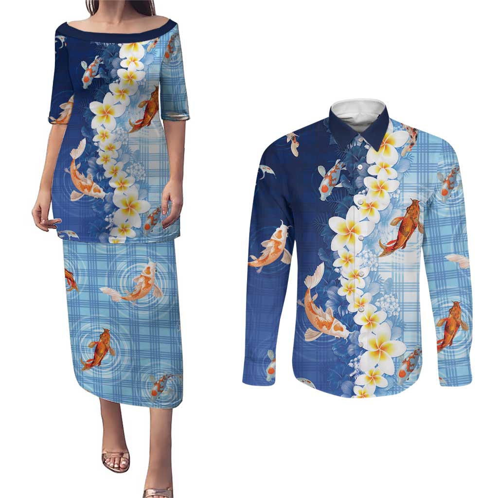 Hawaii And Japan Couples Matching Puletasi and Long Sleeve Button Shirt Plumeria Lei With Koi Fish Blue LT05 Blue - Polynesian Pride
