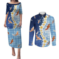 Hawaii And Japan Couples Matching Puletasi and Long Sleeve Button Shirt Plumeria Lei With Koi Fish Blue LT05 Blue - Polynesian Pride