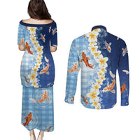 Hawaii And Japan Couples Matching Puletasi and Long Sleeve Button Shirt Plumeria Lei With Koi Fish Blue LT05 - Polynesian Pride