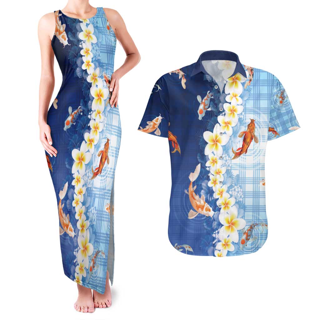 Hawaii And Japan Couples Matching Tank Maxi Dress and Hawaiian Shirt Plumeria Lei With Koi Fish Blue - Polynesian Pride